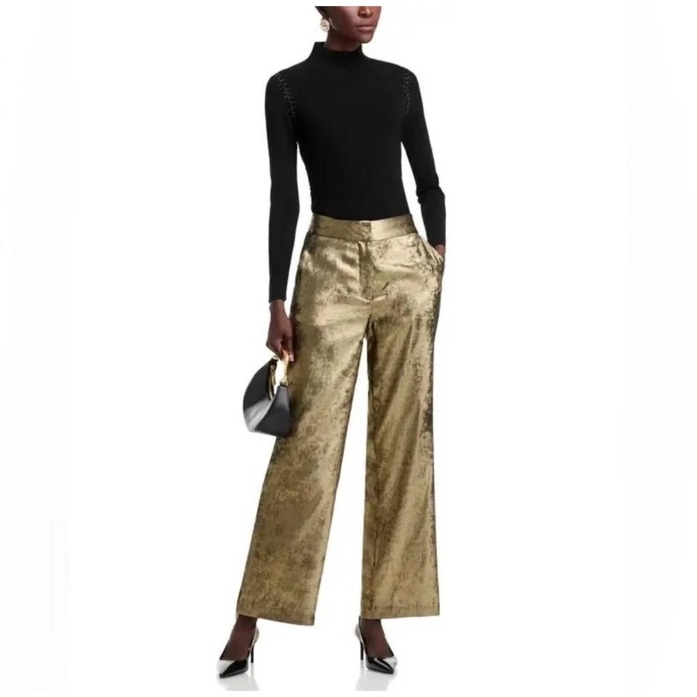 Elie Tahari Hannah Gilded Brushed Gold Metallic Wide Leg Pants Size 10‎ NEW